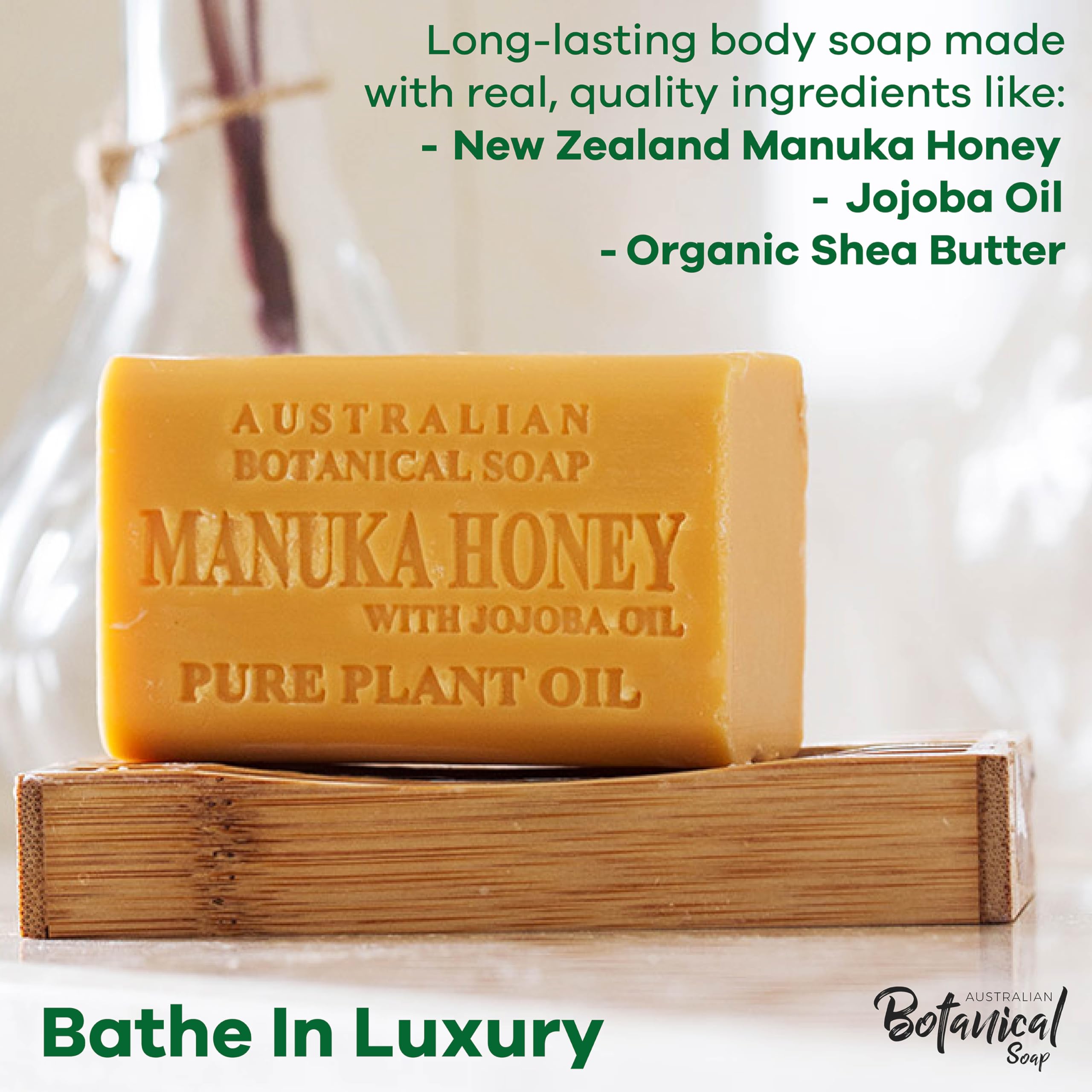 Australian Botanical Soap Manuka Honey with Jojoba Oil 6.6 OZ Luxury Soap Bars Enriched with Shea Butter Suitable for Men, Women and All Skin Types, Pack of 4